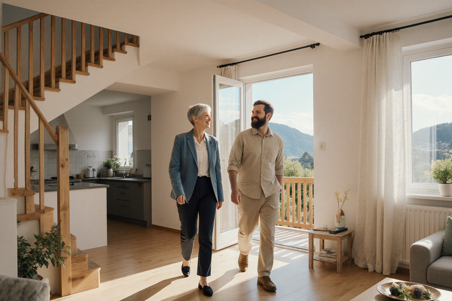 Freundlicher gemeinsamer Rundgang durch normale helle Wohnung, beide Personen samt Köpfen und Händen vollständig, offene Raumansicht und plausible Treppe